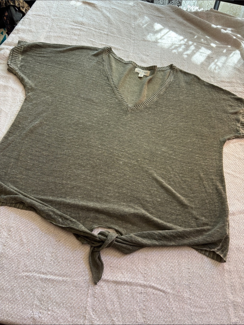 Cloth & Stone Olive Textured Linen Front Tie Tshirt Top Size XL - Picture 12 of 14
